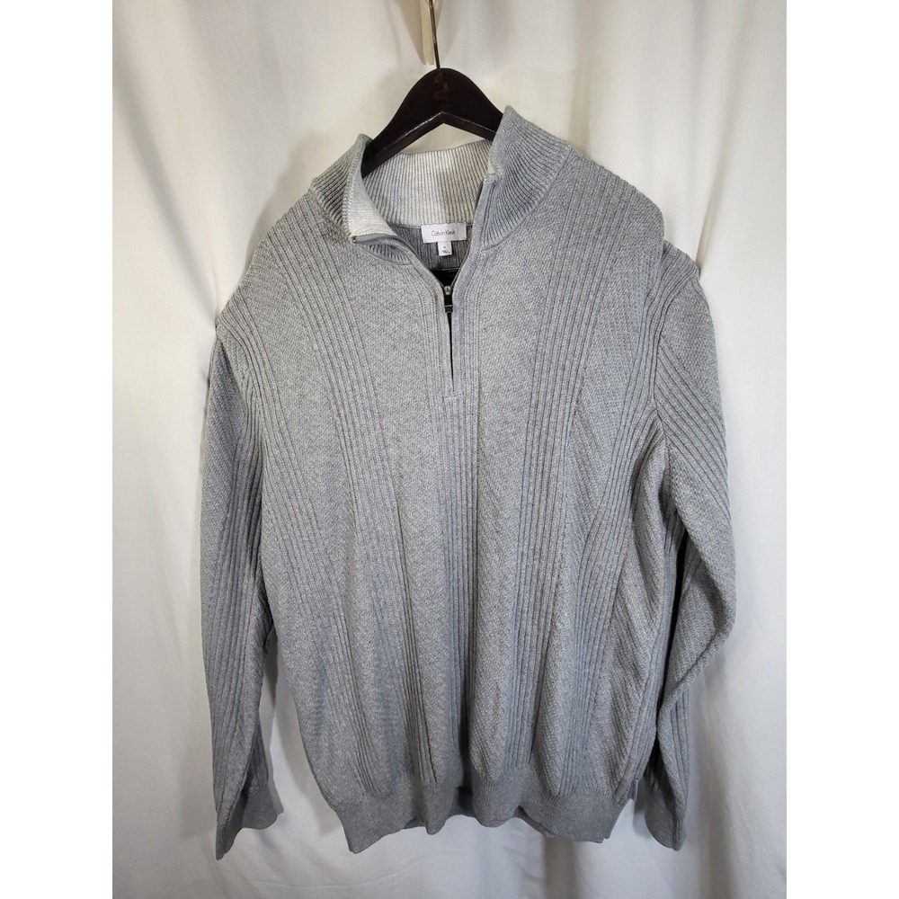 NWT - Calvin Klein Mens Quarter Zip Sweater Soft Grey Heather Mixed Stitch XL